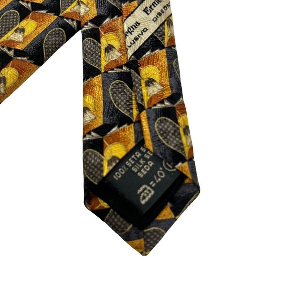 ERMENEGILDO ZEGNA Silk Tie Blue Gold Geometric Heart Pattern Designer Necktie - Picture 8 of 9